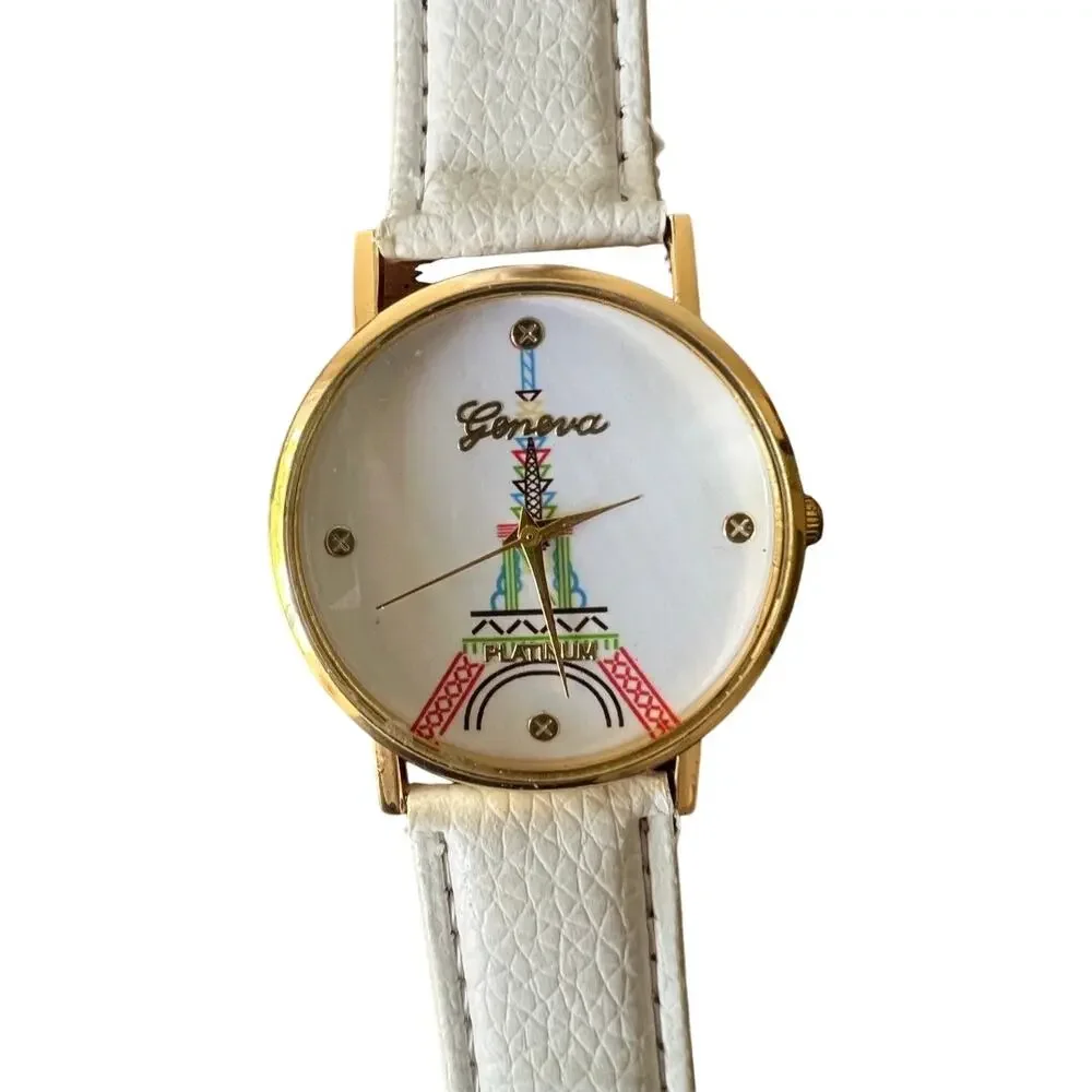 Paris Eiffel Tower White Vegan Leather Gold Tone Buckle Strap Analog Watch MINT